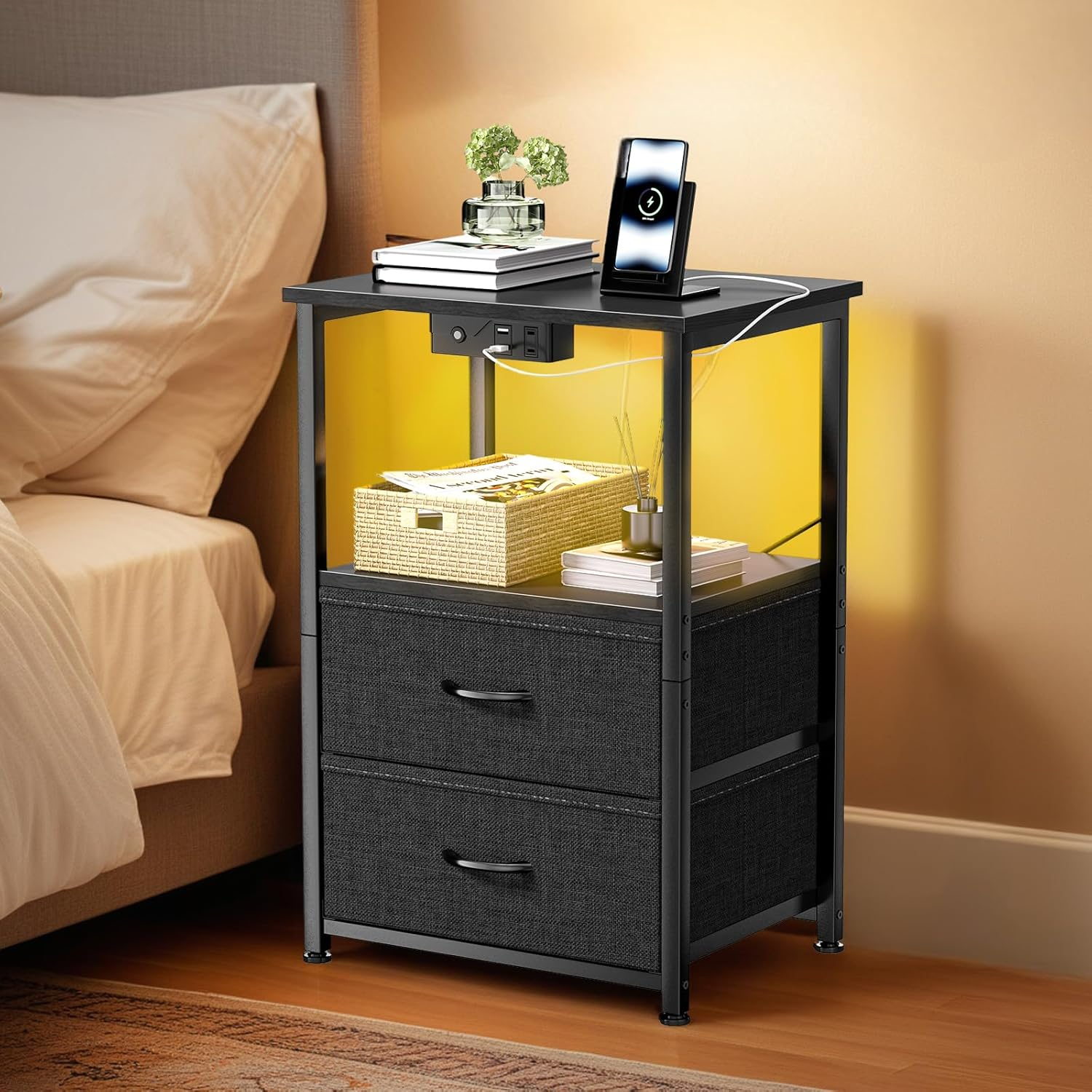 Modern LED Nightstand with USB Charging Station for Bedroom-image
