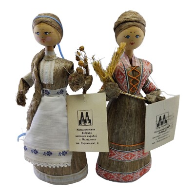 Vintage Wood & Corn Husk Dolls Embroidery Russian Handmade Lot Of 2