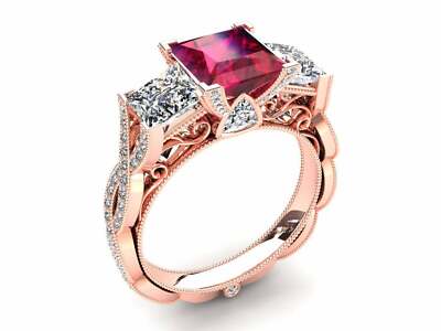 3ct Lab-Created Pink Ruby Engagement Ring Trilogy Cocktail Rose Gold Plated