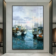 Sailboat Harbor Coast Hand-painted Oil Painting On Canvas Modern Abstract Art