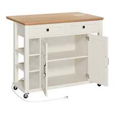 White Kitchen Cart with Drop-Leaf Folding, Lockable Wheels, Storage & Power Port
