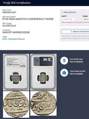 RY36 INDIA RUPIA ARGENTO MARATHA CONFEDEACY BALWANTNAGAR NGC AU DETTAGLI - Foto 5 di 5