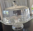 Vintage Anchor Hocking Clear Glass Cake Stand Pedestal Flower Pattern W/ Lid