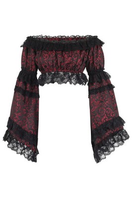 Black & Red Brocade Smocked Flare Sleeve Peasant Top Shirt Lace Vampire Cosplay