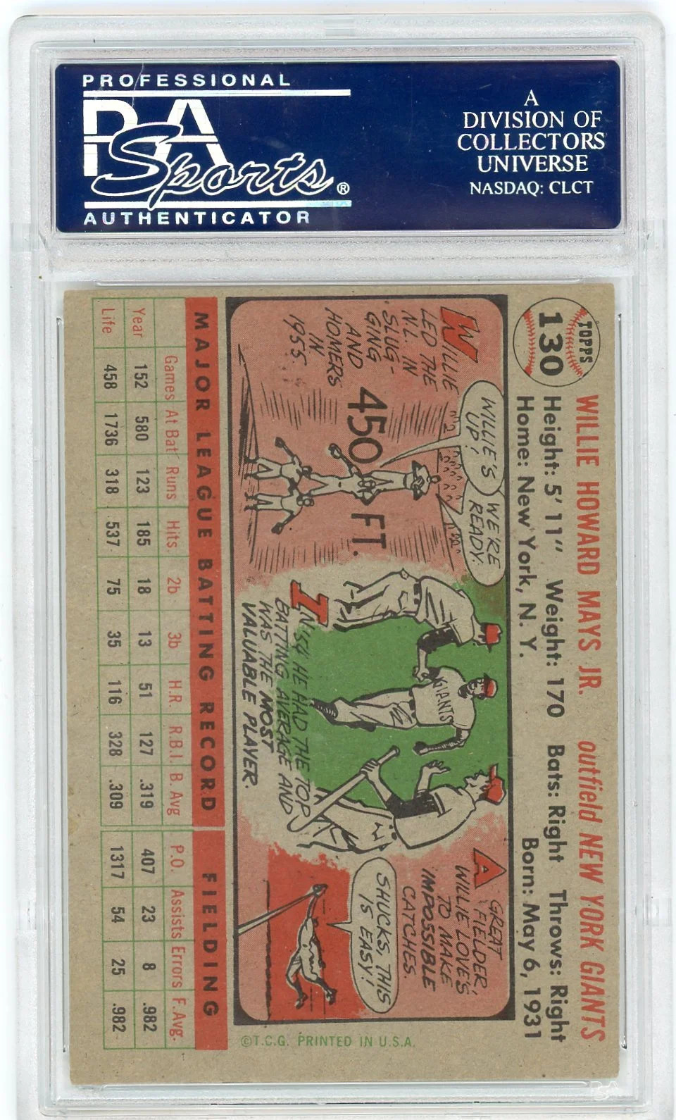 1956 Topps Willie Mays #130 Gray Back PSA 4 view 2