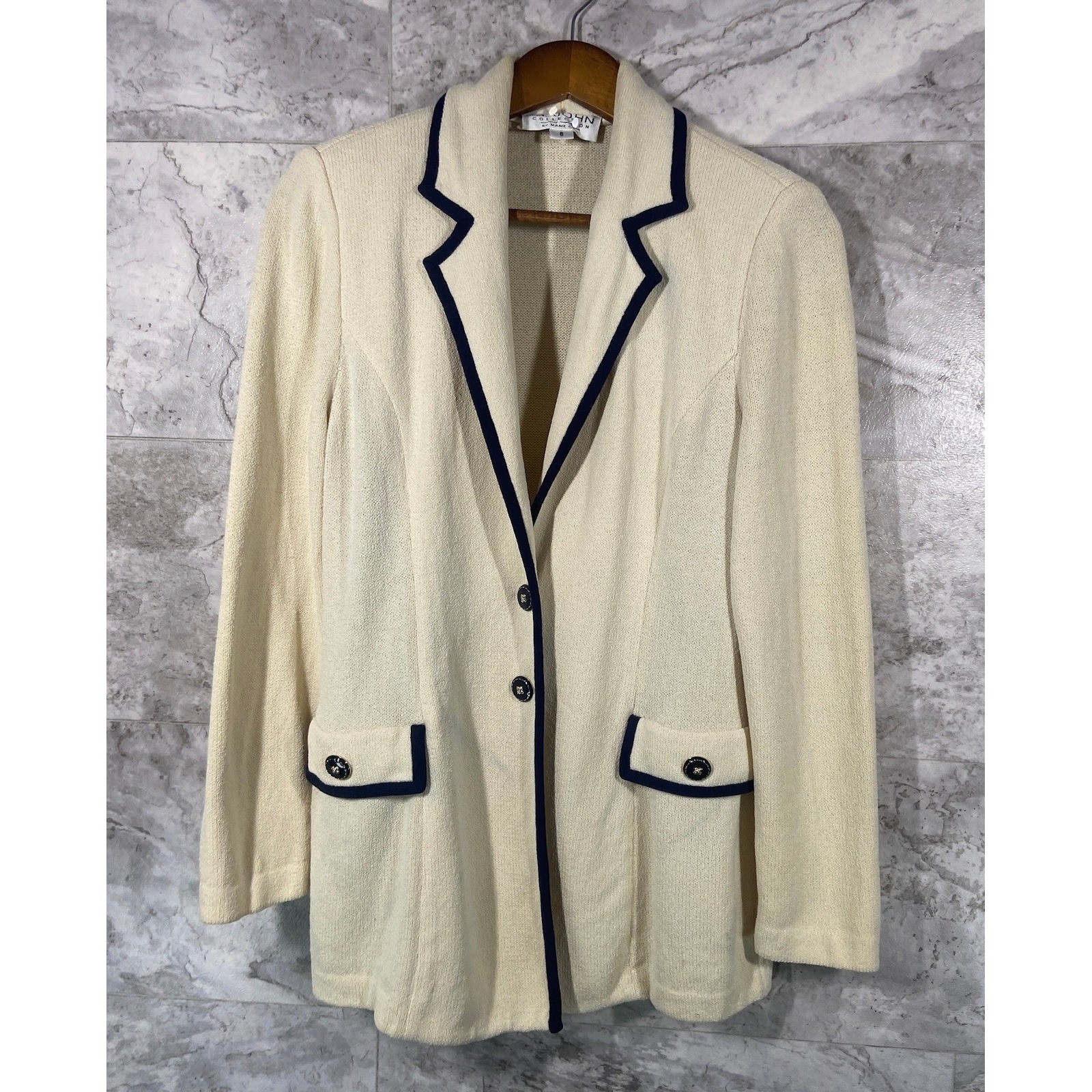 St. John's by Marie Gray Cream Black Trim Knit Blazer Jacket Women's Size 6