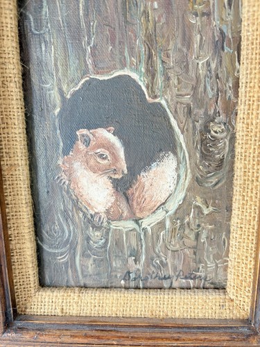 Pintura al óleo original de ardilla Woodland de colección enmarcada en madera firmada D Peters rústica - Imagen 2 de 10