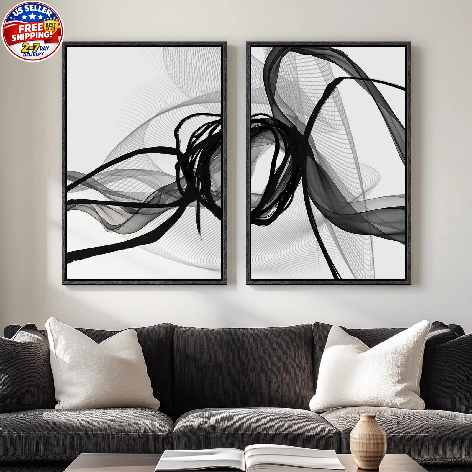 Set of 2 Modern Large Framed Black and White Abstract Wall Art for Living Room..