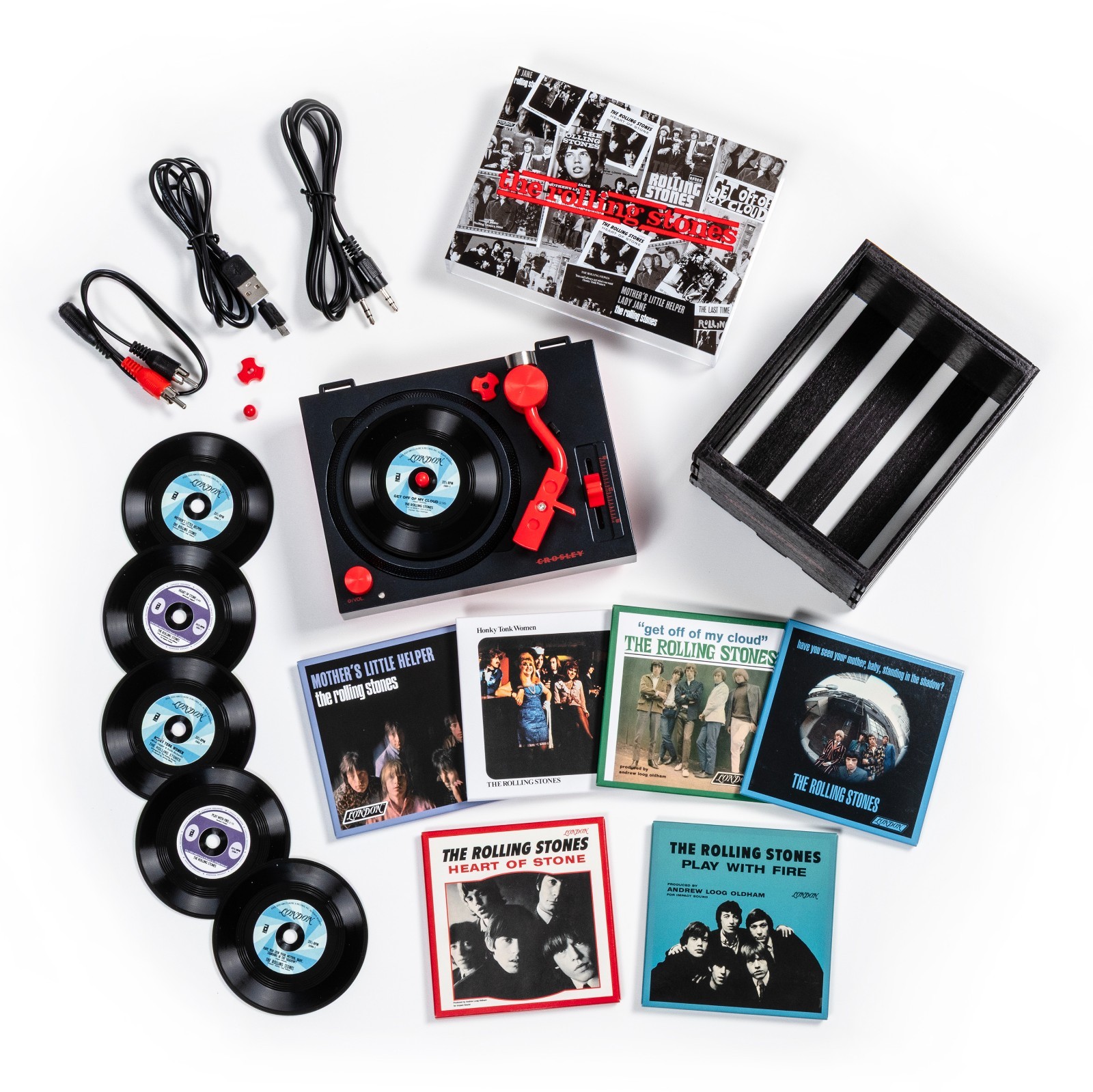 Crosley Rolling Stones RSD3 Turntable with Crate and Six 3-Inch Singles