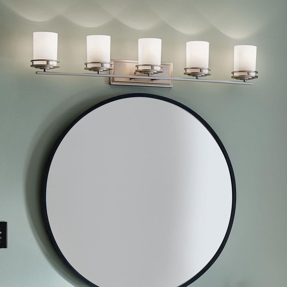 KICHLER Hendrik 43 in. 5-Light Brushed Nickel Vanity Light w/ Etched Glass Shade