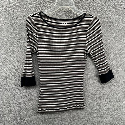 Three Dots Womens Y2K Top M Black White Striped Ribbed Fitted Retro Minimalist