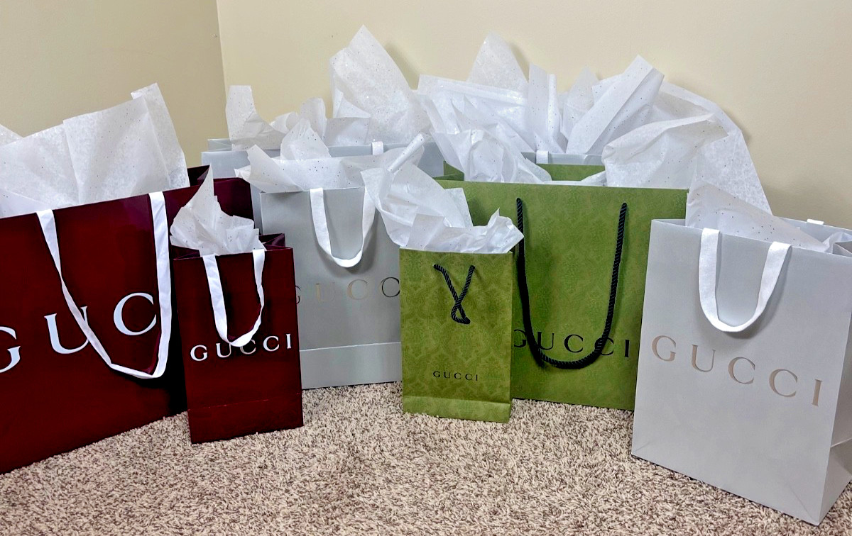 Authentic Empty Gucci Green Brocade Red Silver 8 Total Shopping Gift Tote Bags