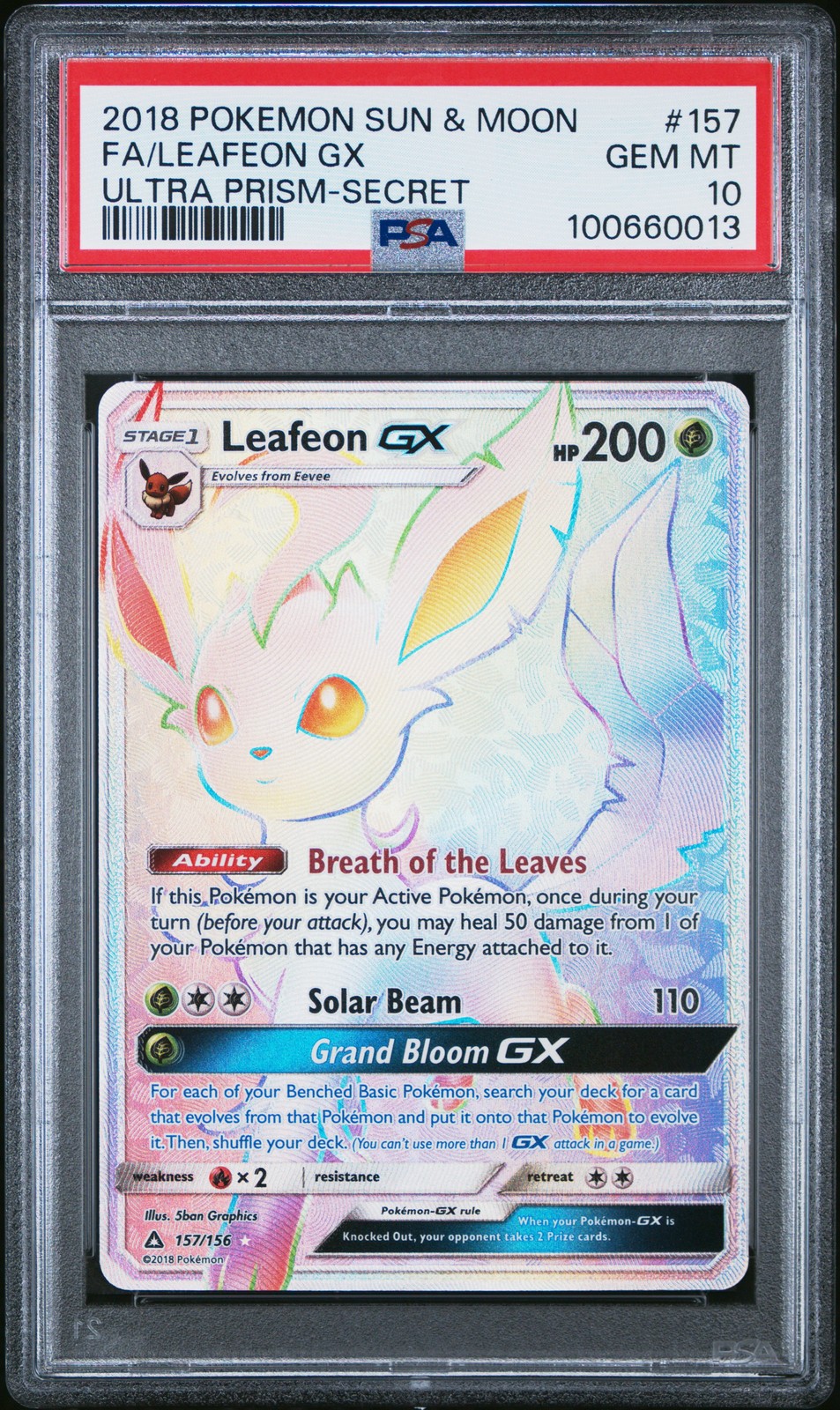 2018 POKEMON SUN & MOON ULTRA PRISM SECRET #157 FULL ART/LEAFEON GX PSA 10