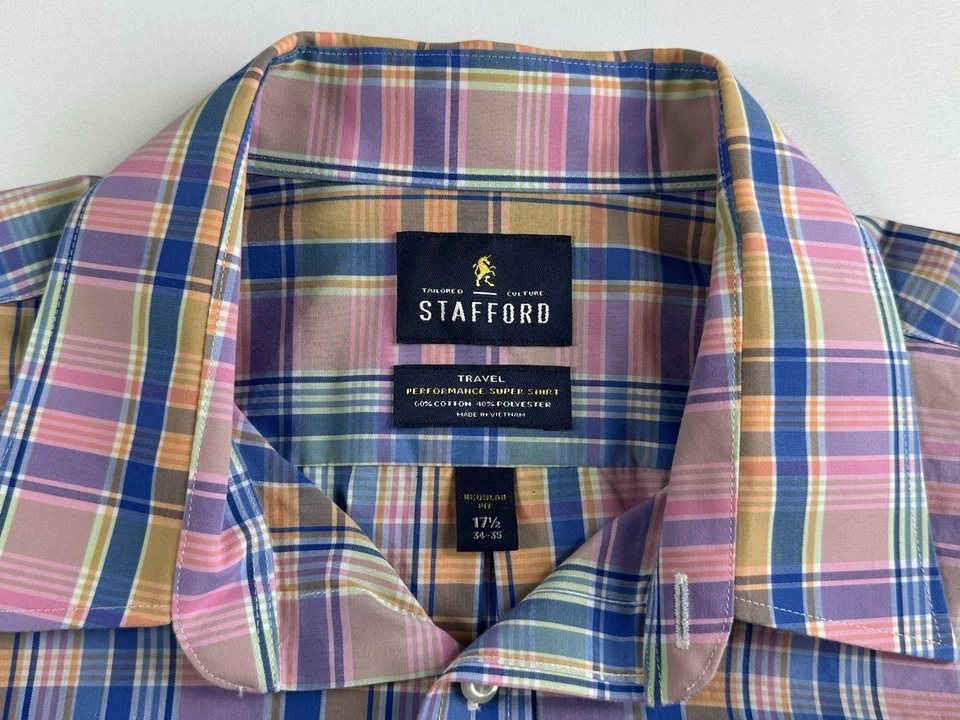 Super Camisa Stafford Travel Performance Rosa Azul Dorado Blanco Abotonada 17 1/2 Foto 3 de 4