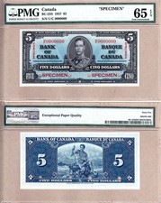 1937 $5 Bank of Canada King George VI.  RARE SPECIMEN NOTE PMG GEM UNC65 EPQ