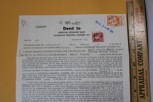 Estampillas documentales de 1956 Deed Perpetual Enterment Lauderdale Memorial Gardens FL - Imagen 2 de 4