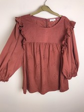 Brown Pink Cotton Smock Style Ruffle Eyelet Lace Top size 14 Fat Face