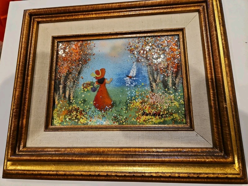 Vintage Signed Enamel Copper Painting Child In A Park  Matted Framed Art 5x7  