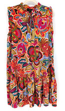 Maia Multicolor Retro Floral Sleeveless Shift Dress Ruffle Trim 14 Boho Resort