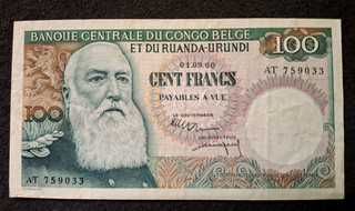 TRES BEAU 100 FRANCS BANQUE CENTRALE DU CONGO BELGE (LÉOPOLD II ) 1 9 1960. TTB