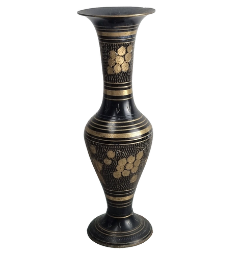 Etched Brass Black Vase Vintage India Boho Brass Accent Floral Berry 10 inch