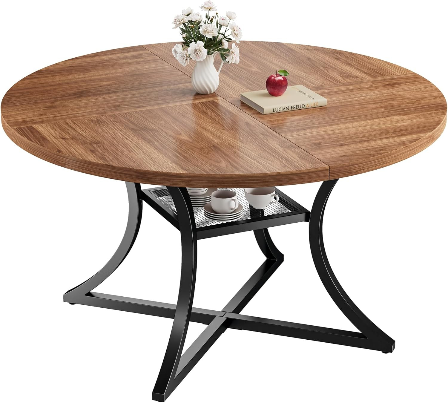 47.2" round Dining Table for 4, Wood Kitchen Table with Storage Shelf for Dining