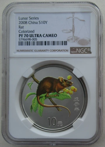 NGC PF70 China 2008 Lunar Zodiac Rat Year Colorized Silver Coin 1 oz 10 Yuan
