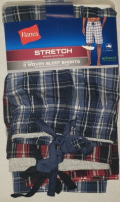 Men's Hanes Blue Red Plaid Woven Sleep Shorts Pack Of Size