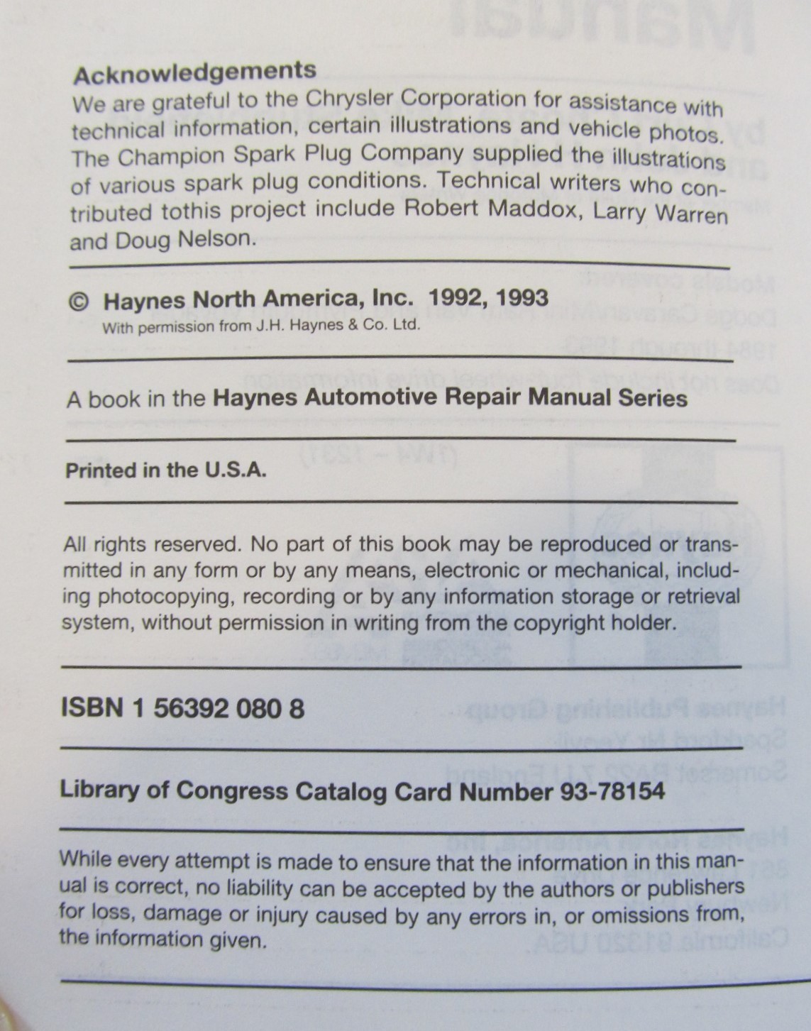 1984-1993 Dodge Caravan & Plymouth Voyager Automotive Repair Manual Haynes  1231 | eBay