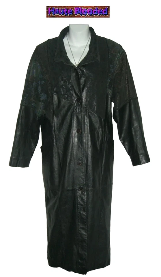 Gabardina de cuero negra larga vintage de los 90 con estampado boho holográfico hasta el suelo  Foto 3 de 4