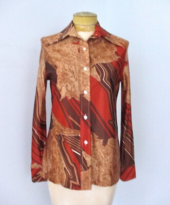 VGC Vtg 70s Disco Geometric Psychedelic Nylon Knit Blouse Top Dagger Collar 36