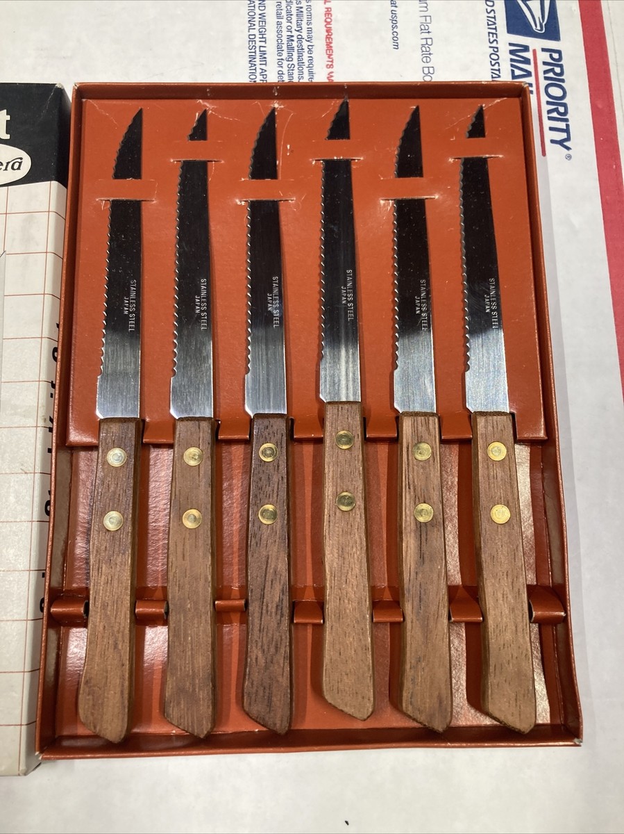 Vintage Riviera 6 Piece Steak Knife Set Stainless Steel Wooden