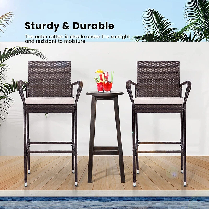 Set of 4 Indooor Outdoor Backyard Patio Wicker Barstool Bar Stools w/ Cushion - Image 4 of 4