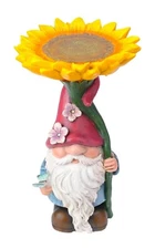Garden Gnome With Sunflower Bath, LED Solar, Sculpture