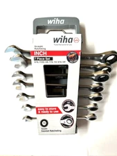 7 PIECE SAE FRACTIONAL STRAIGHT RATCHETING COMBINATION WRENCH SET WIHA 30393