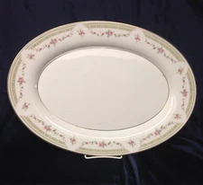 MIKASA GLORIA OVAL SERVING PLATTER 16 1/4" PINK FLOWERS GREEN BAND GOLD TRIM