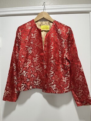 Flores & Flores Open Front Blazer Oriental Dragons Jacket Silk Rayon Red Gold 12