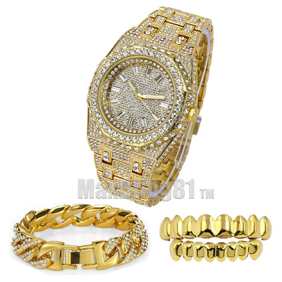 GOLD PLATED SIMULATED DIAMOND LUXURY HIP HOP WATCH & ICED BRACELET & GRILLZ SET