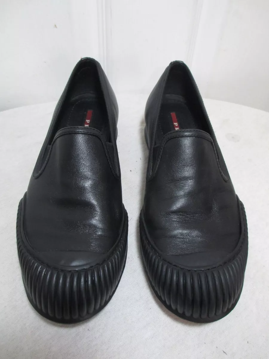 PRADA WOMEN BLACK LEATHER SLIDE ON CLASSIC SPORT LOAFERS MADE IN ITALY 35 US 6