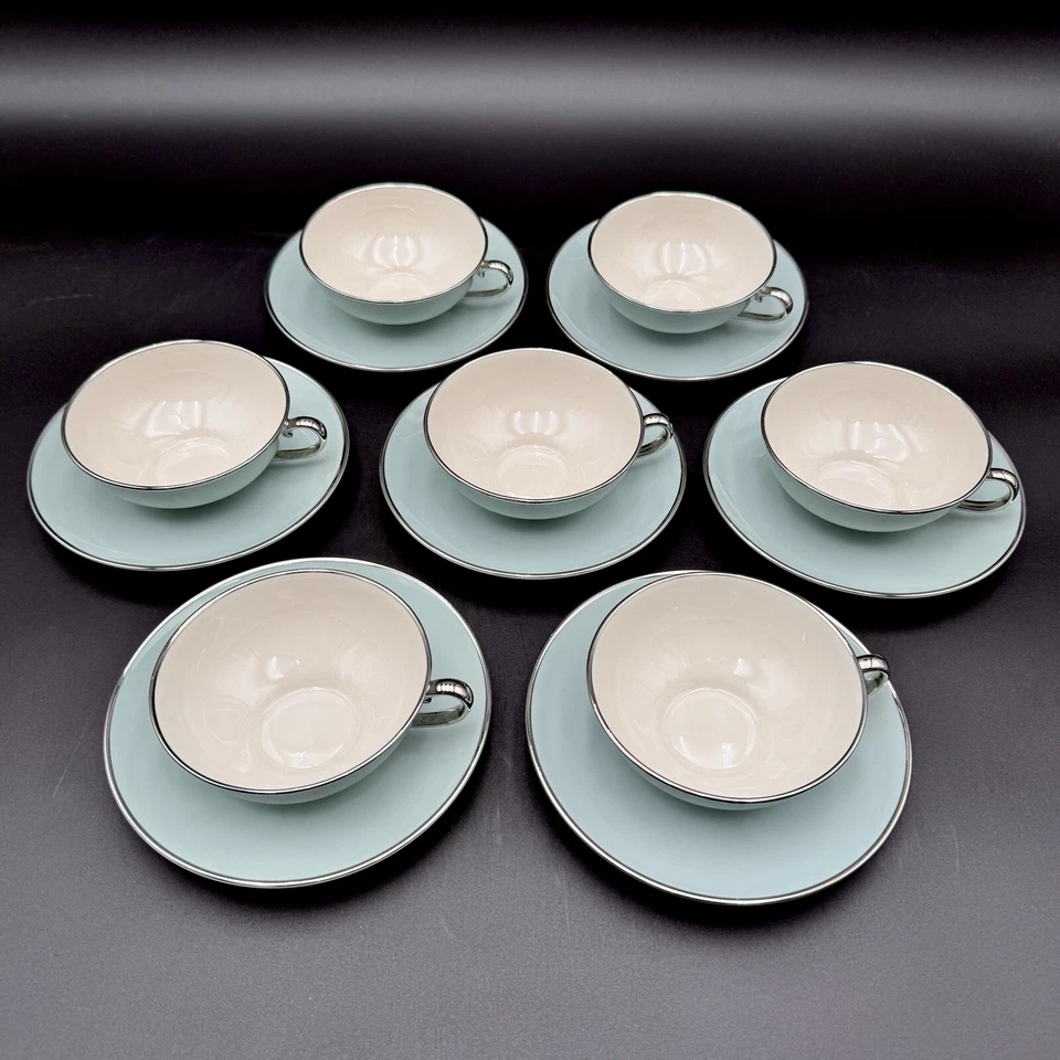 Franciscan Encanto DAWN Tea Coffee Cups Saucers SET/7 Aqua Blue Platinum CA, USA - Image 2 of 4