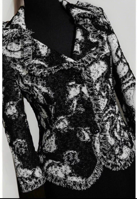 St.John White/Black Lined Abstract Floral Pattern Fringe Trim Jacket BNWT - Image 2 of 4