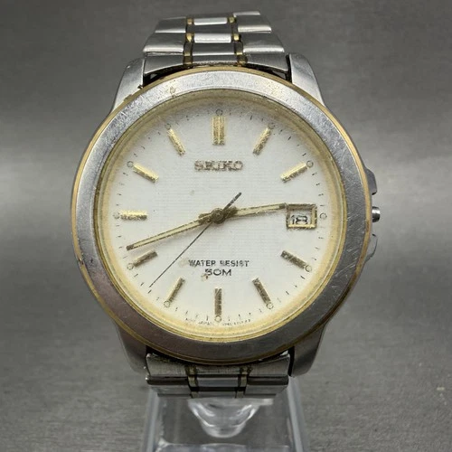 Seiko Watch Men 38mm White Dial Two Tone Date Round V742-8119 New Battery READ!!