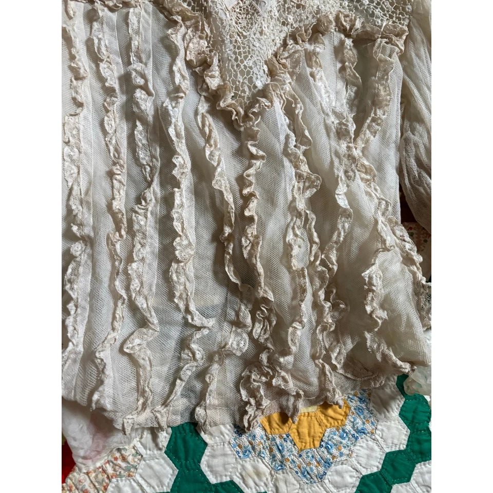 Antigua Blusa Eduardiana Blanca Red Encaje Seda Paneles Crochet Cuello Alto COMO ESTÁ Foto 3 de 4
