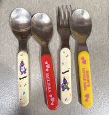 Barney Kids Spoon  Fork Set, Multicolor Handles, Lot of 4 3 Spoons, 1 Fork 