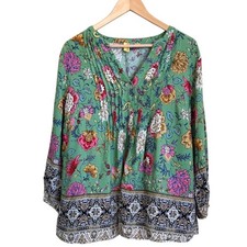 Anthropologie Figueroa  Flower Womens Boho Floral Top Large Green Pintuck