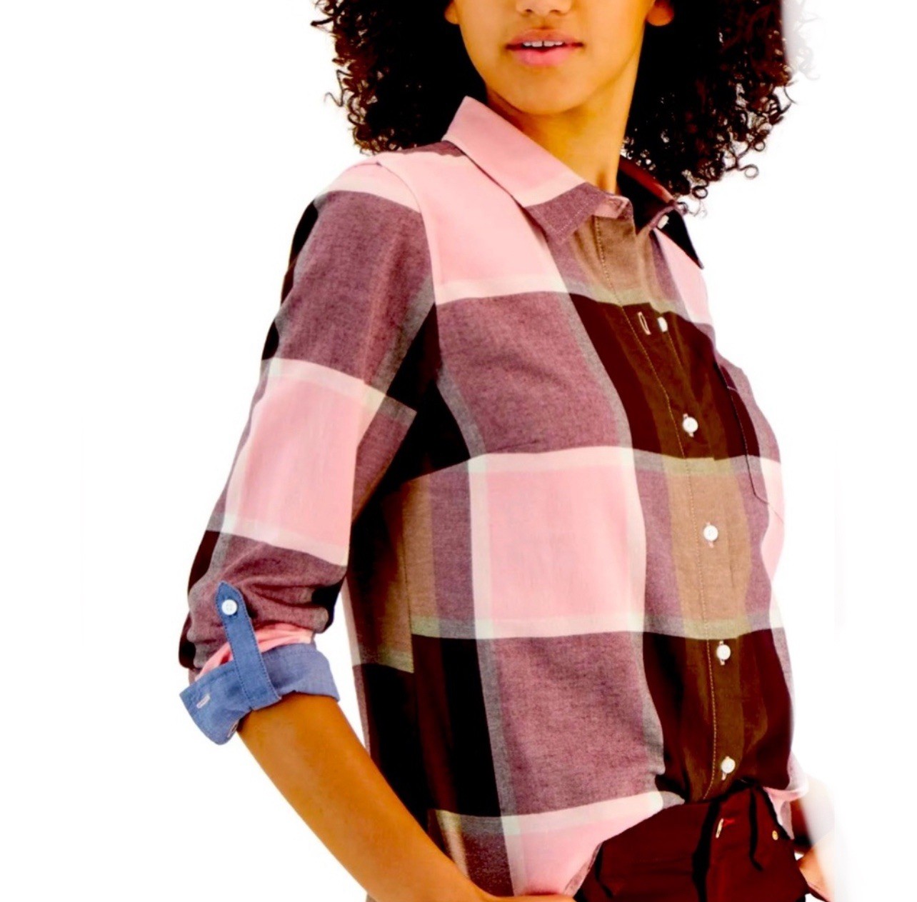 Tommy Hilfiger Women’s Size Medium Long Roll Tab Sleeve Plaid Button Up Shirt