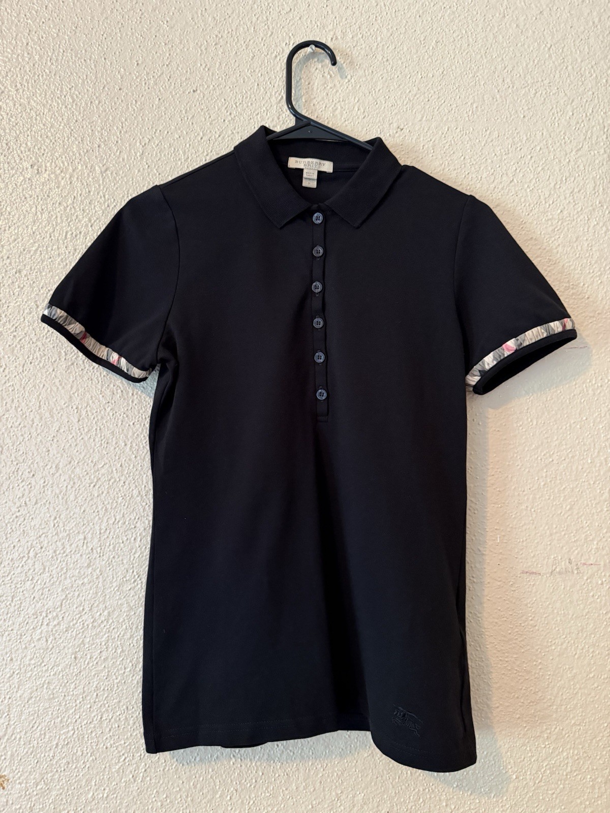 Burberry London Women’s Petite Small Black Polo Shirt Nova Check Stretch