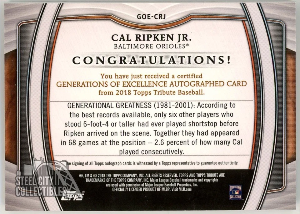 Cal Ripken Jr. 2018 Topps Tribute Generations Autograph Card #GOE-CRJ 19/20 - Image 2 of 2