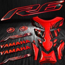 Chrome Red Tribal Fire Gas/Fuel Tank Pad+3D 6" Logo+YZF-R6 2-Tone Emblem Sticker