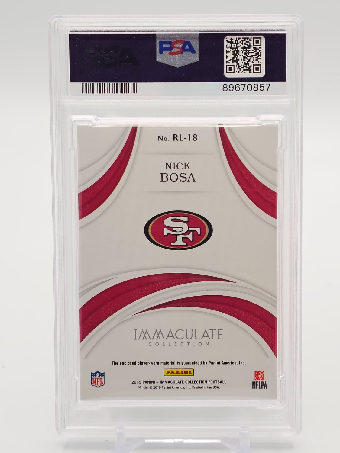 NICK BOSA 2019 IMMACULATE COLLECTION ROOKIE INSIGNIAS PATCH /5 49ERS PSA 9 Q7330 view 2